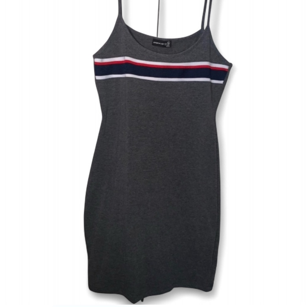 Lulu's Charcoal Midi Tank Dress with Red, Navy & White Stripes